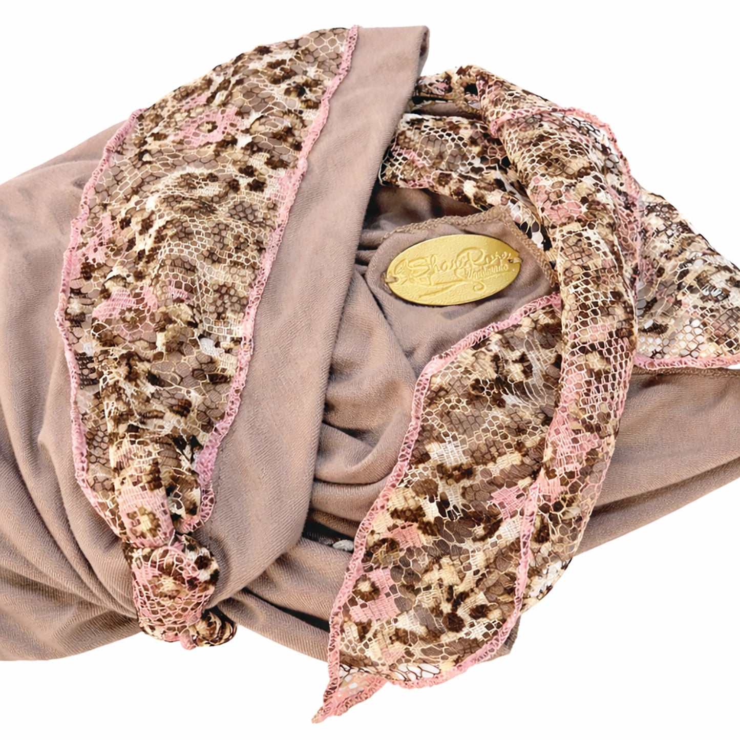 Beige headscarf w/pink floral lace wrap