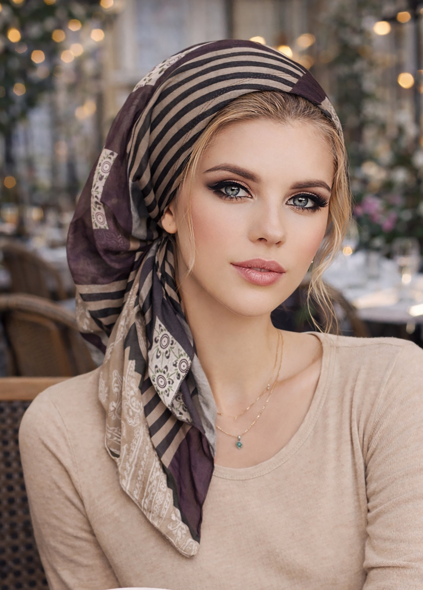 Summer non slip purple taupe stripe headscarf