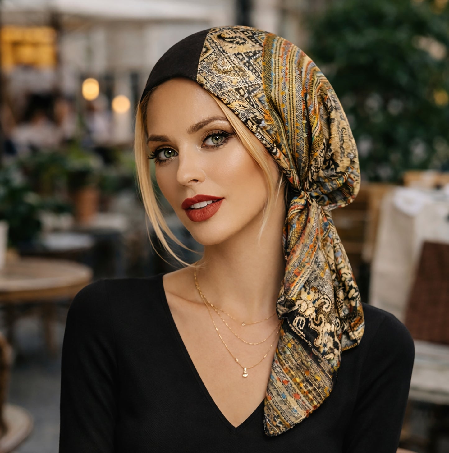 Black beige cashmere headscarf
