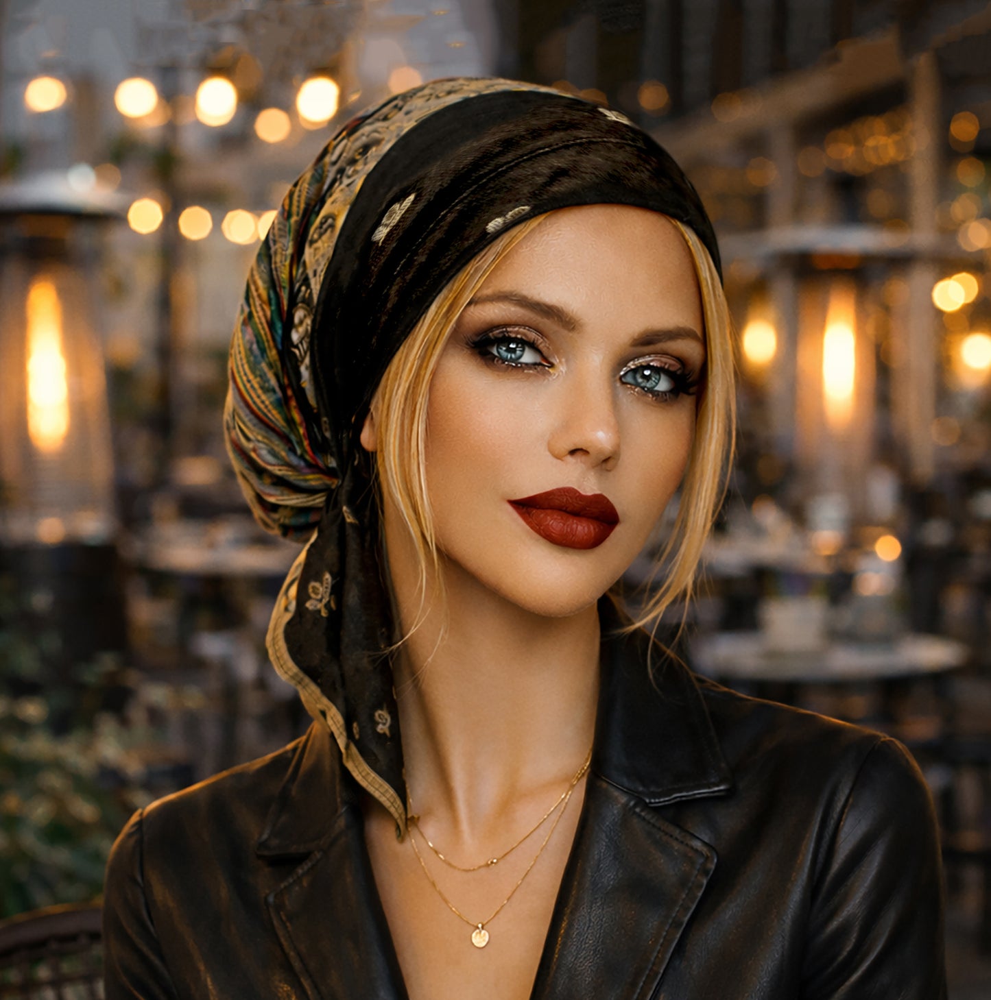 Black beige cashmere headscarf