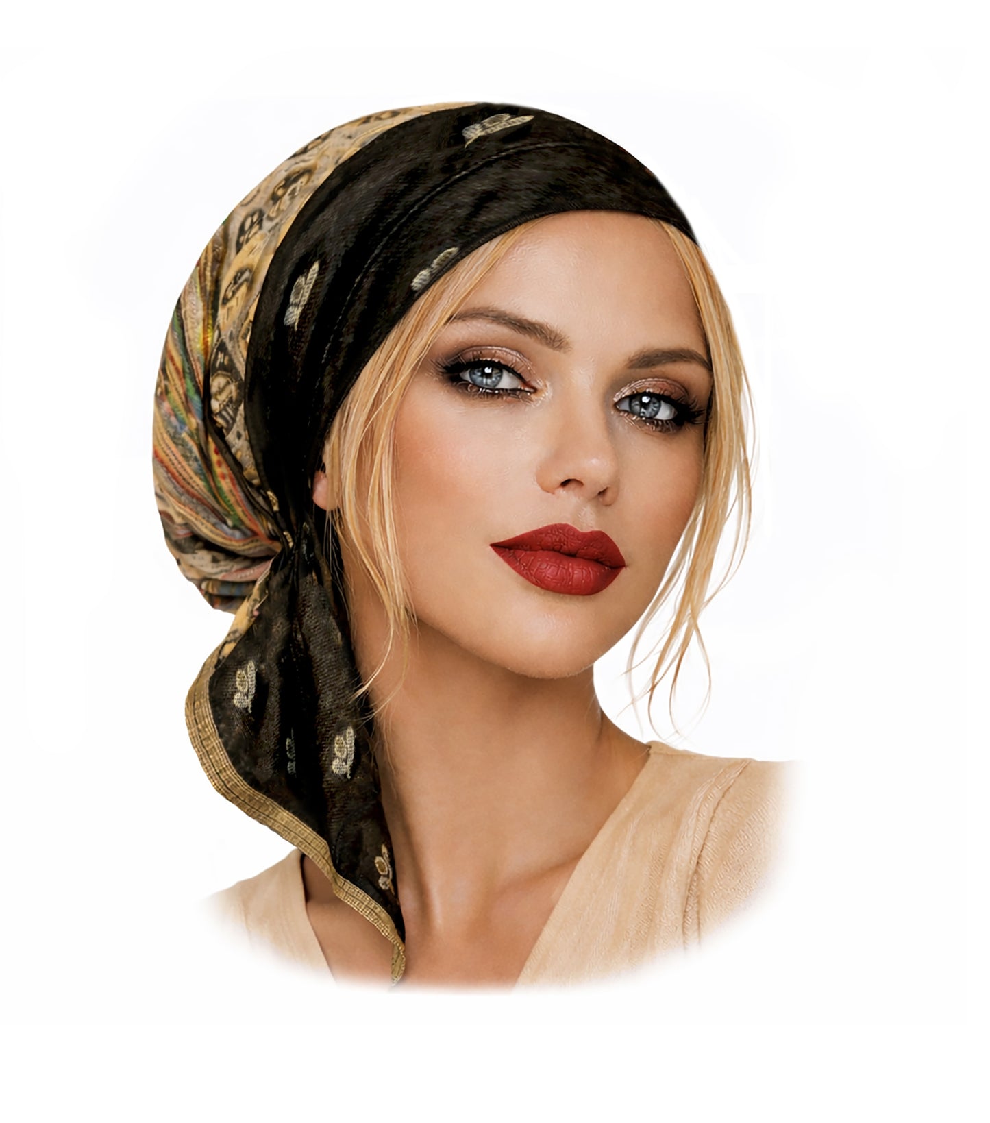 Black beige cashmere headscarf