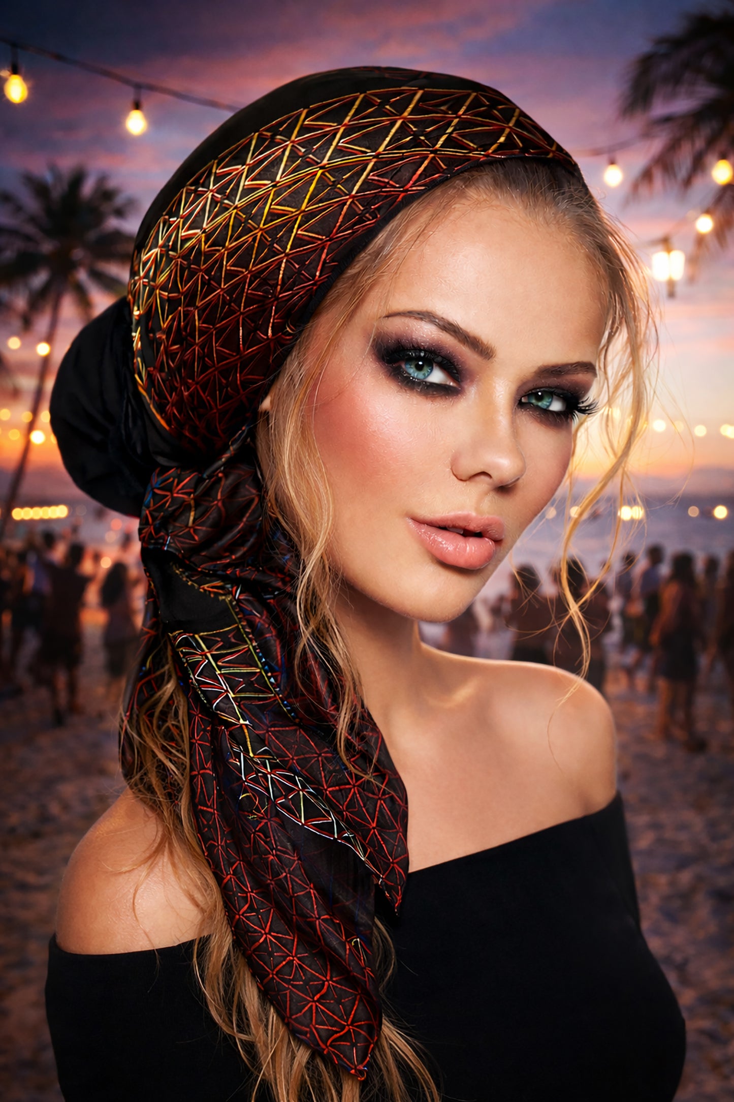 Black satin non slip headscarf colorful