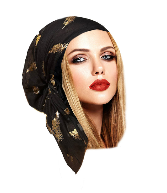 Black gold feather sparkles non slip headscarf