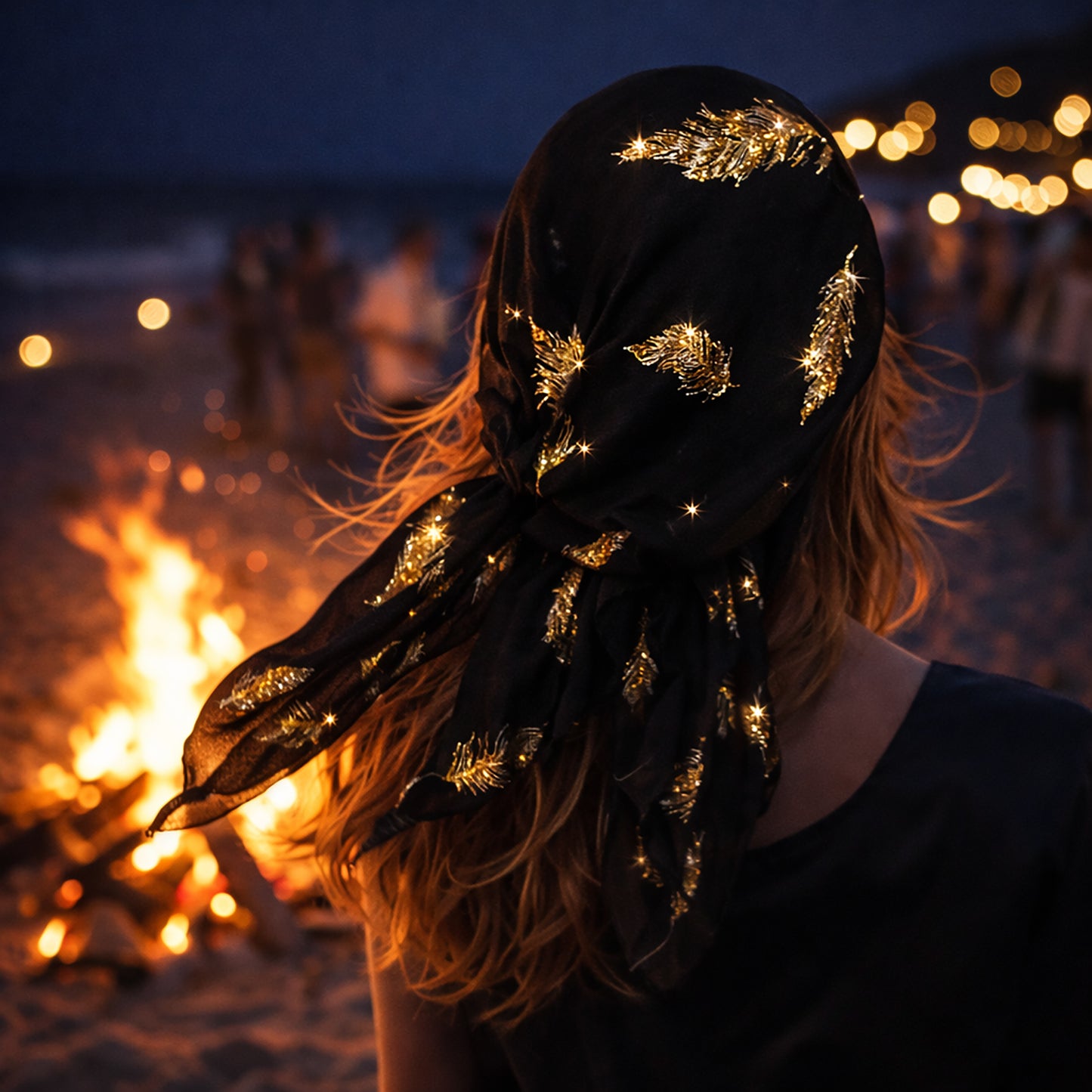 Black Gold Feather Non-Slip Pre-Tied Headscarf