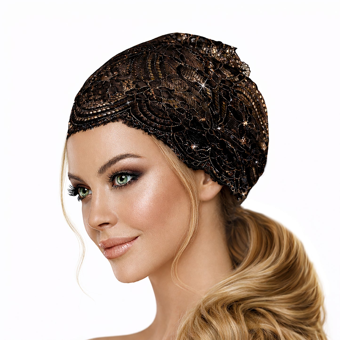 Black lace headband gold floral