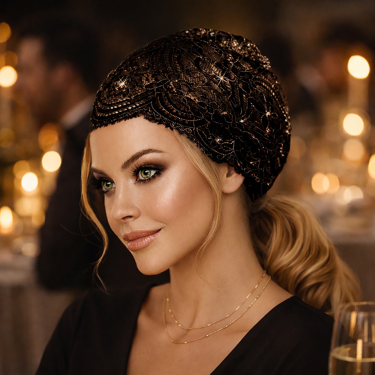 Black lace headband gold floral