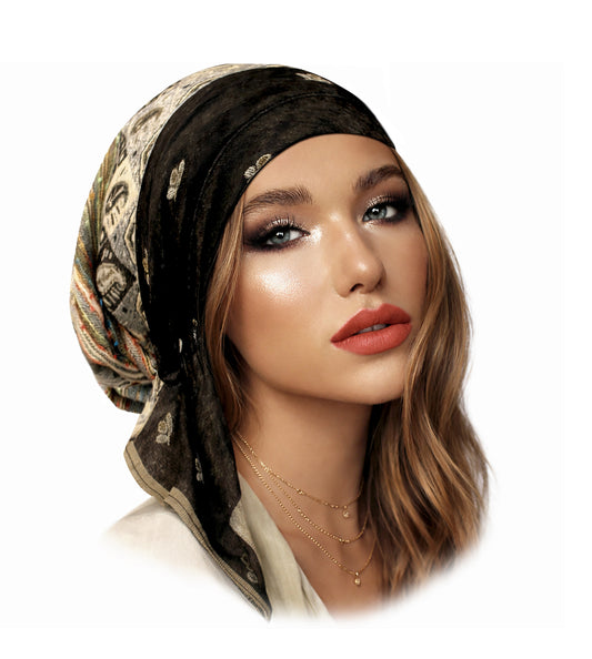 Black beige cashmere headscarf