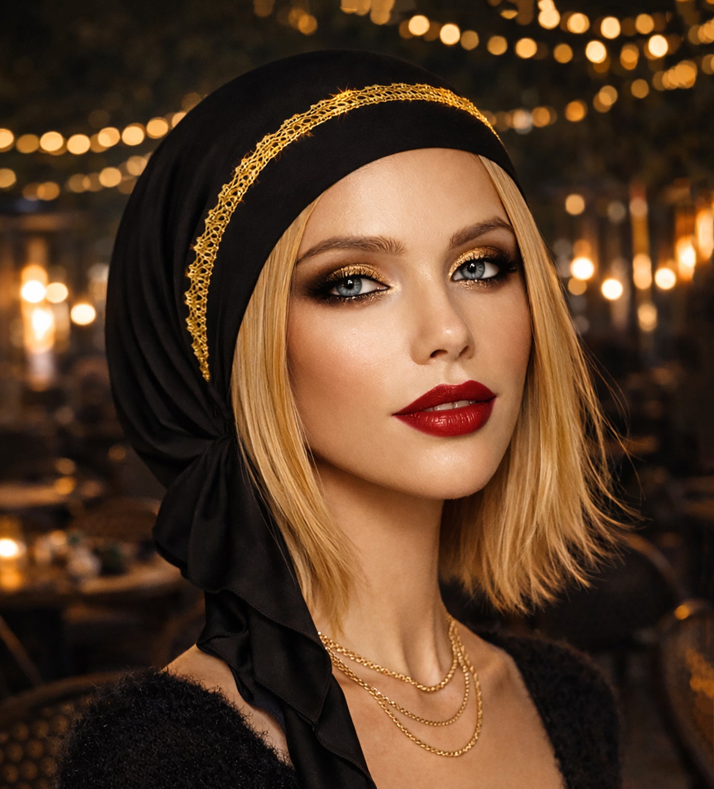 Black non slip headscarf gold sparkles