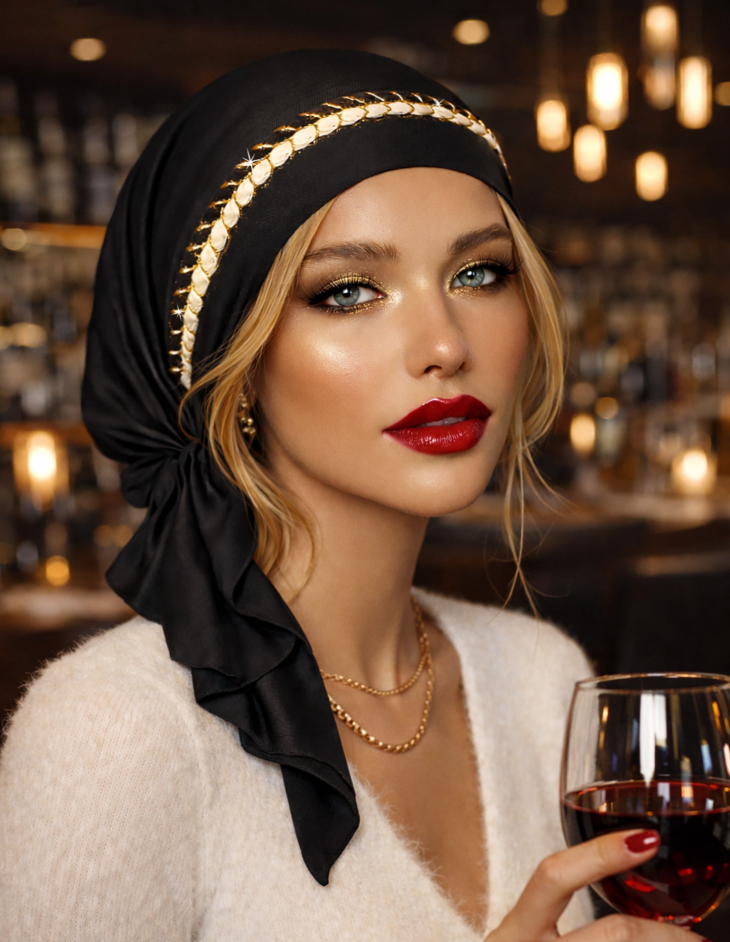 Black non slip headscarf black gold braid sparkles