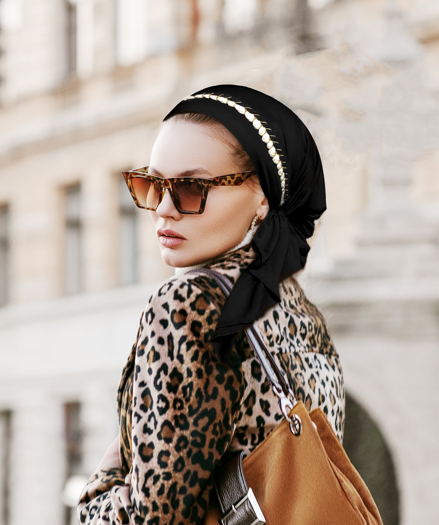 Black headscarf black gold white braid sparkles