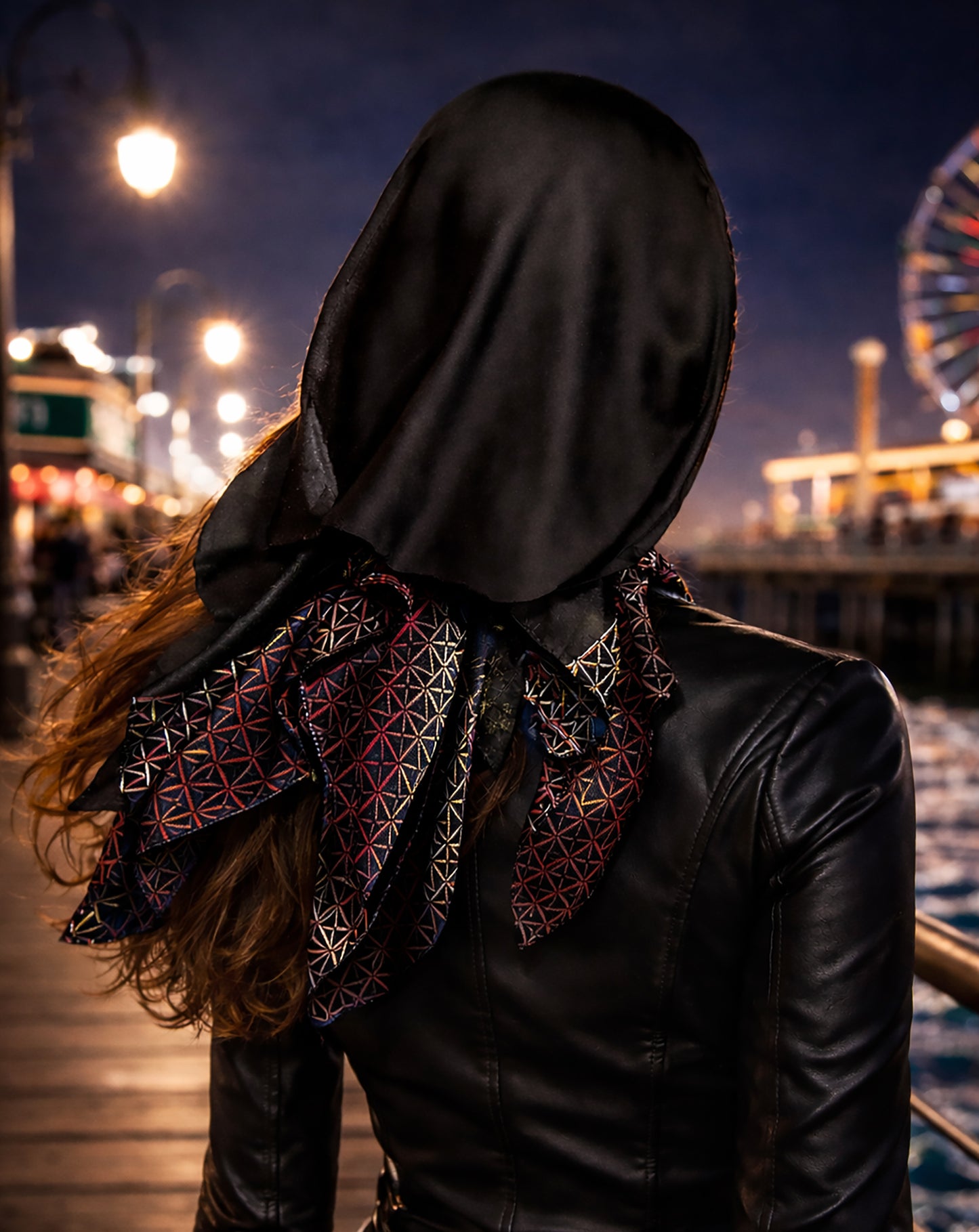 Black satin non slip headscarf colorful