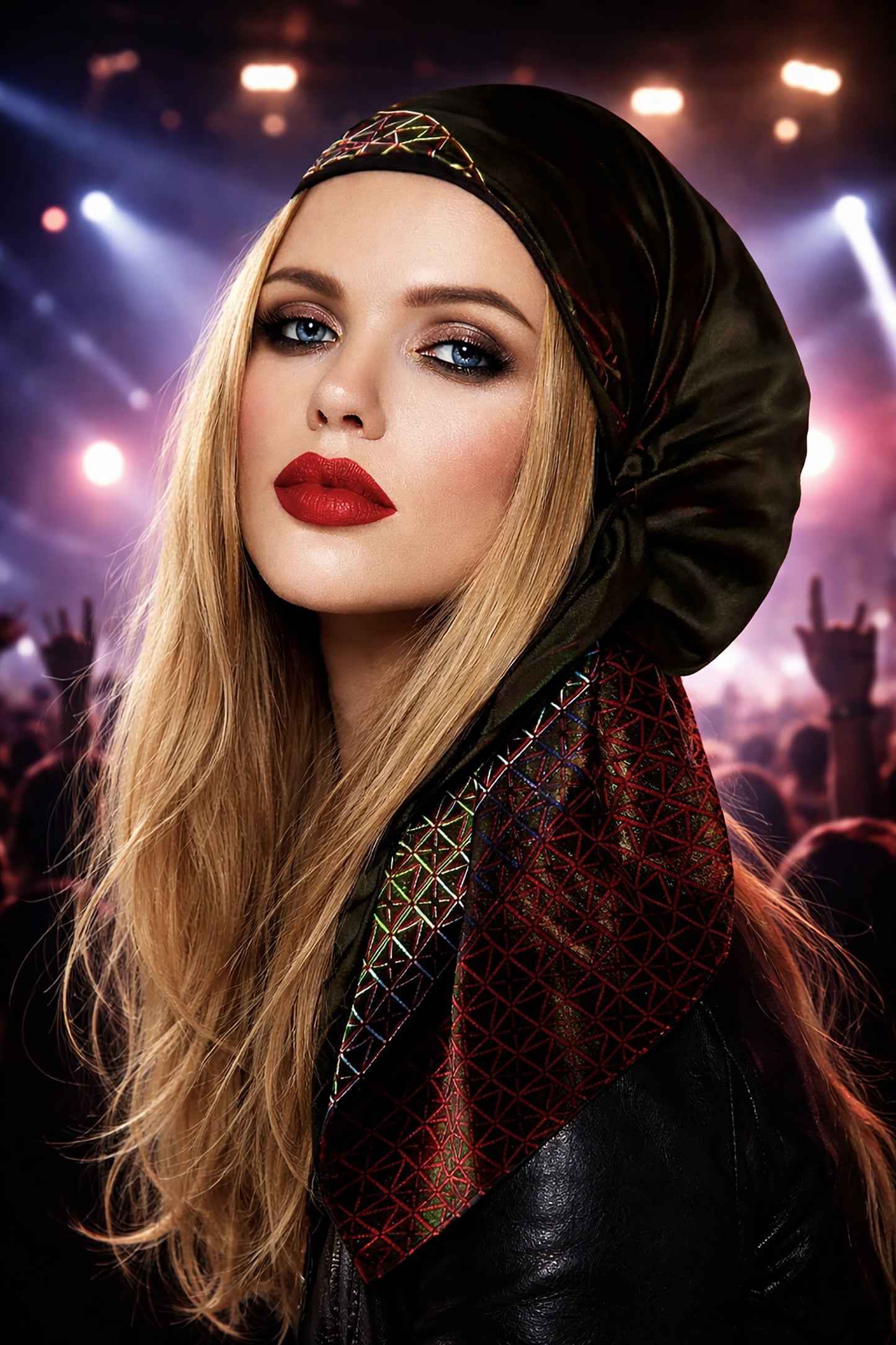 Black satin non slip headscarf colorful