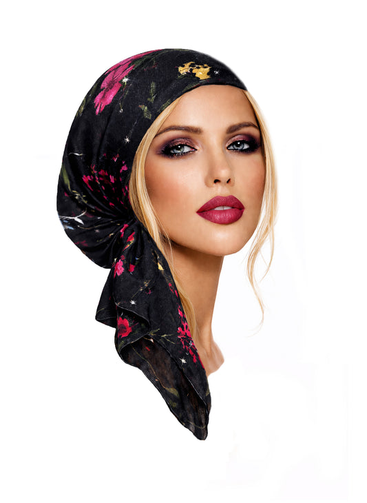 Black floral sparkles non slip headscarf