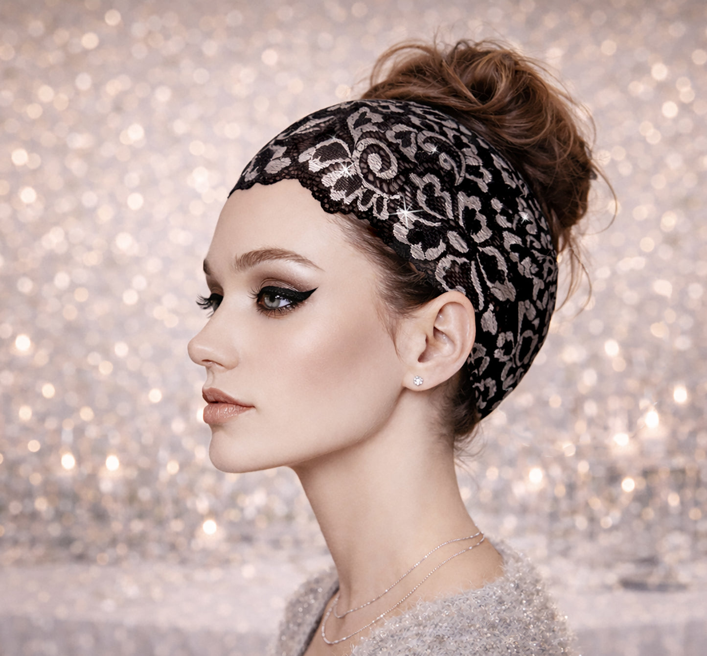 Black silver floral shabby chic lace headband