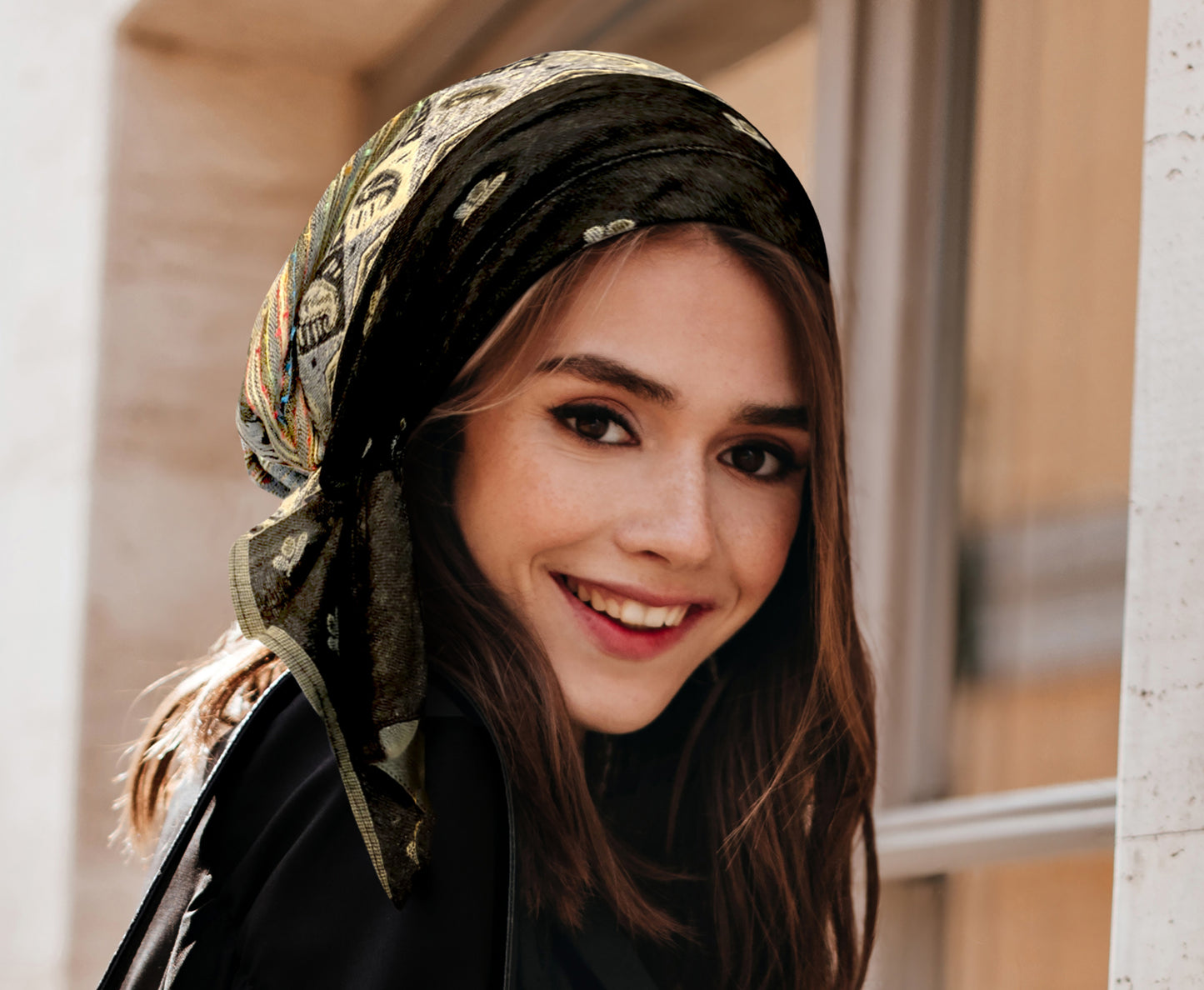 Black beige cashmere headscarf