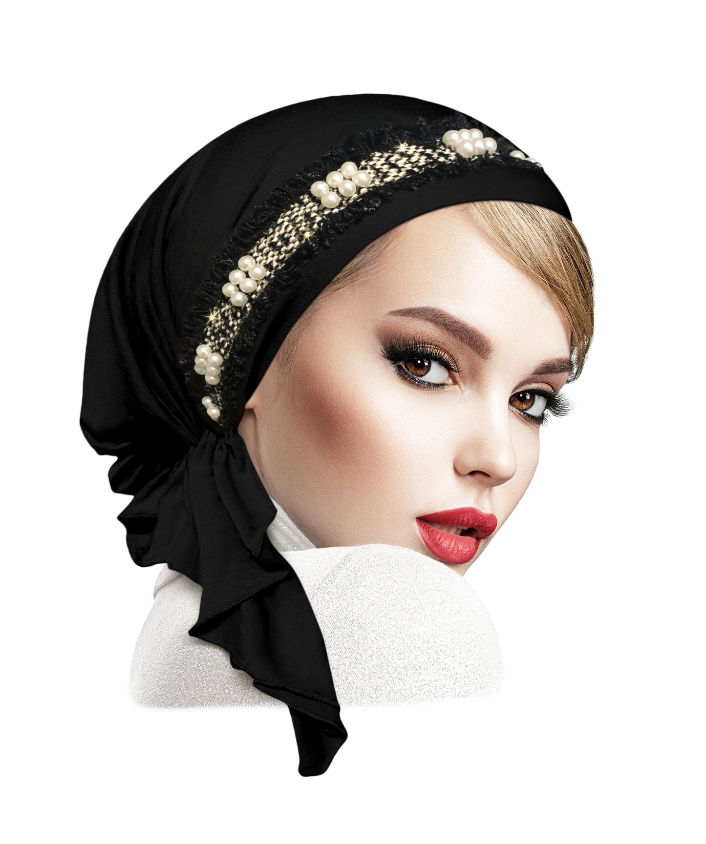 Black headscarf pearl gold lurex