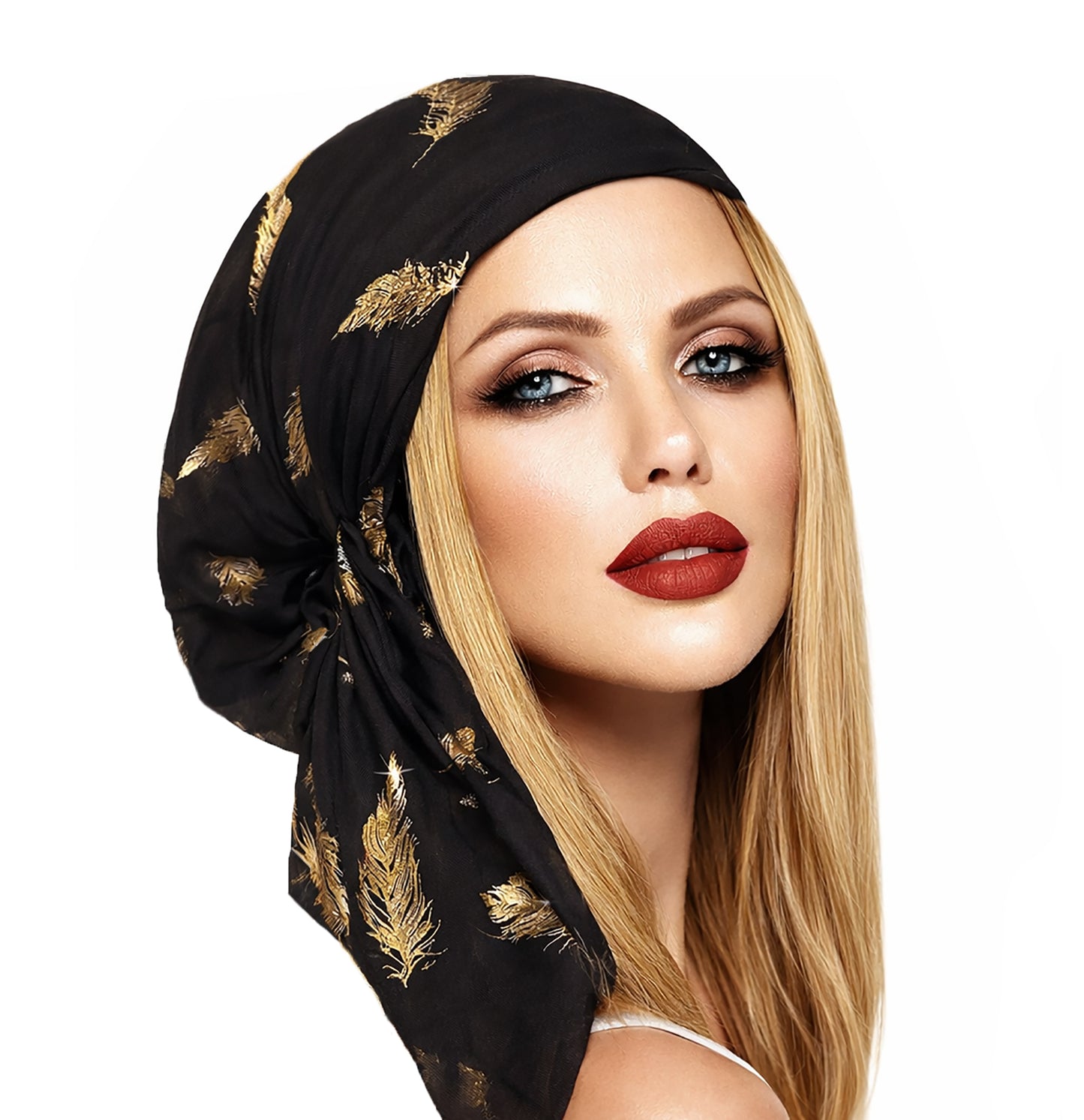 Black Gold Feather Non-Slip Pre-Tied Headscarf