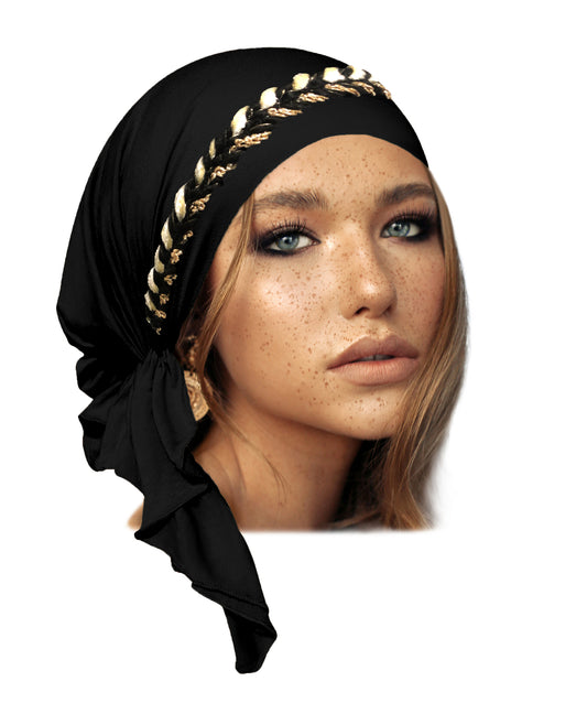 Black headscarf black gold braid sparkles
