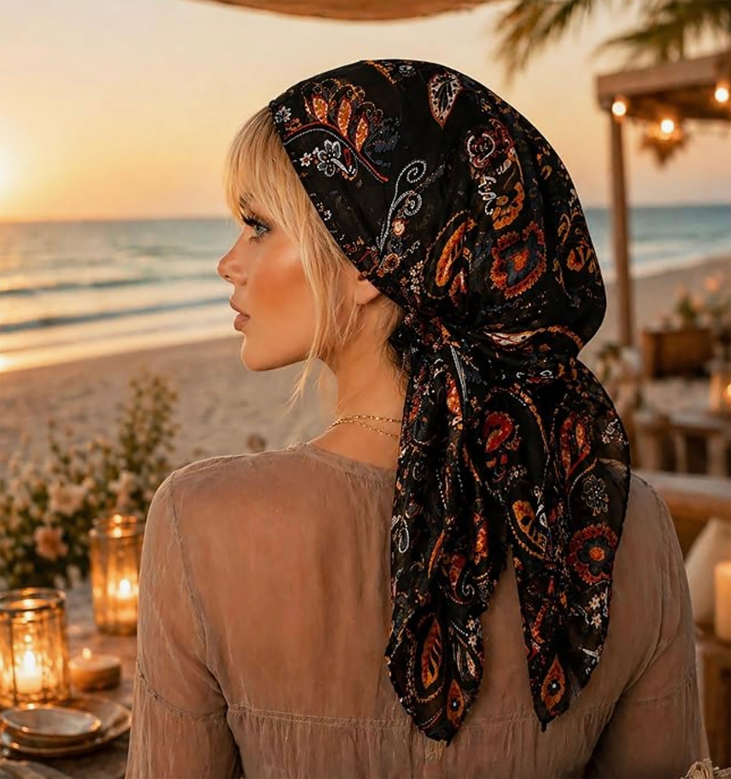 Black Paisley Non-Slip Pre-Tied Headscarf