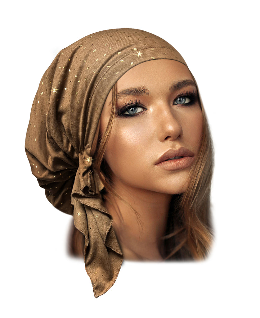 Taupe gold pre-tied headscarf sparkles