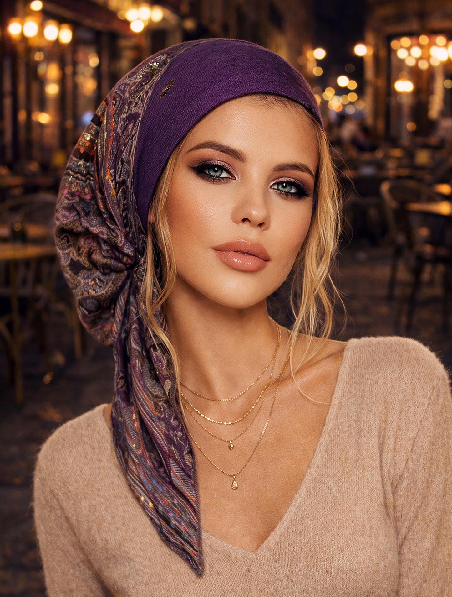 Deep purple cashmere non slip headscarf