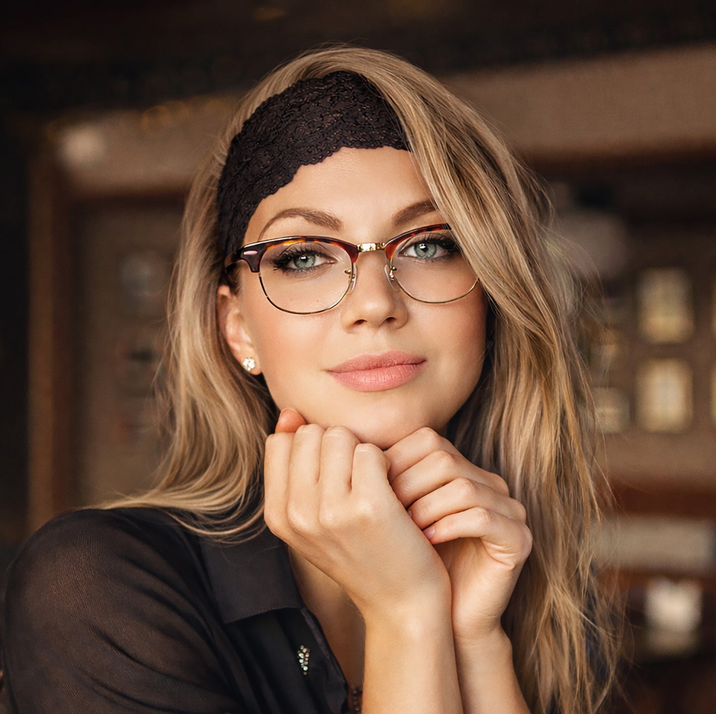 Fancy black floral lace headband