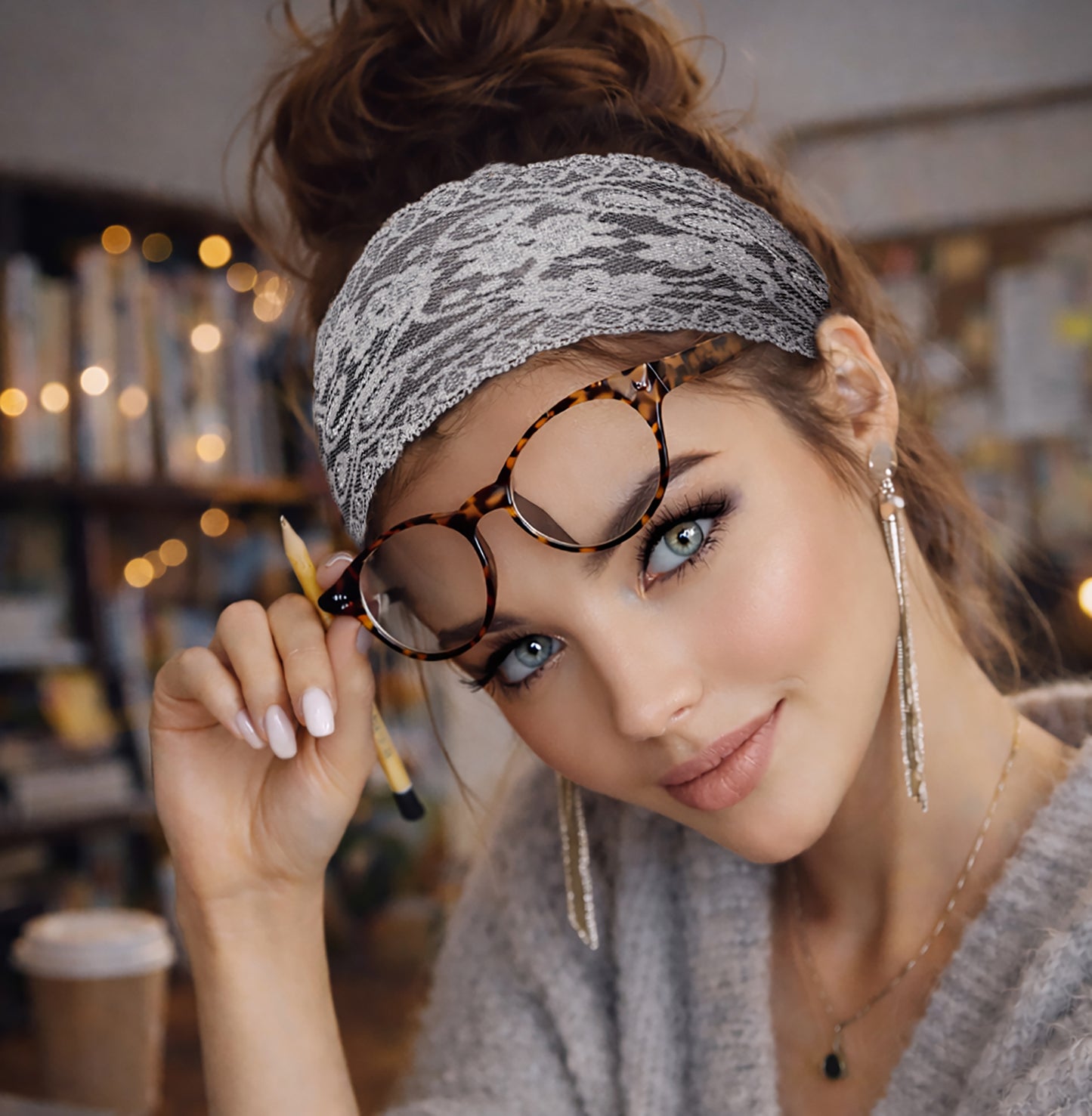 Gray swirl floral lace headband
