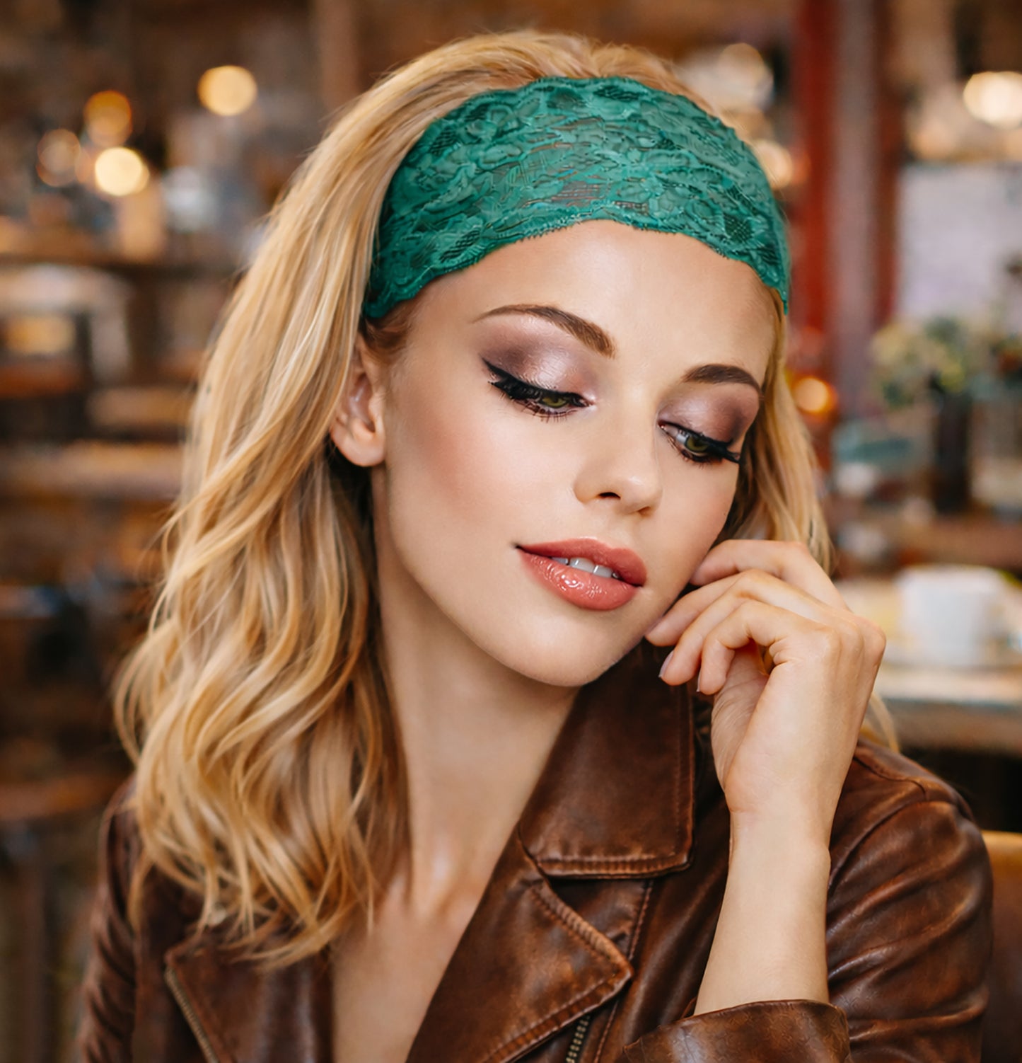 Cyan green lace headband