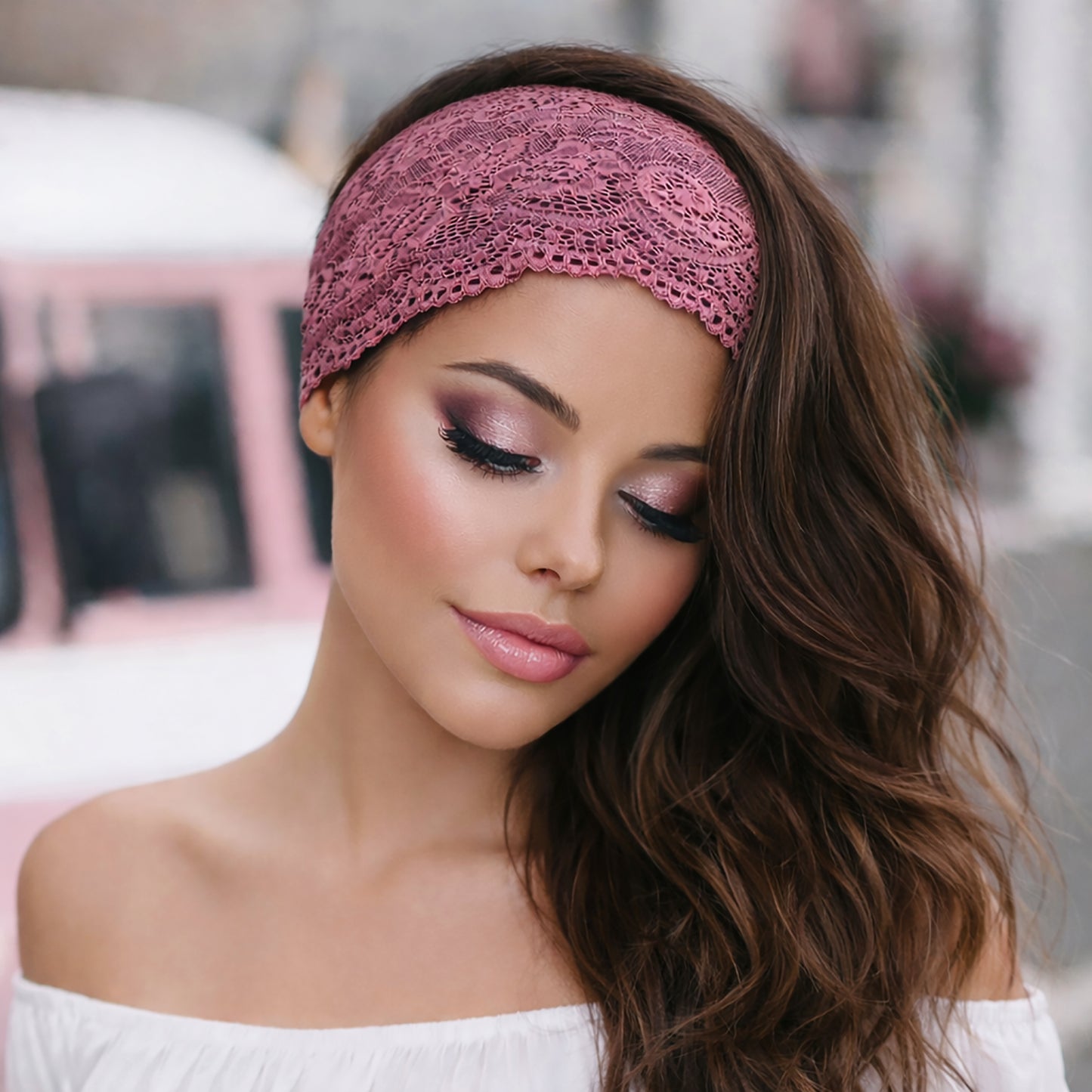 Mauve purple wide floral lace headband