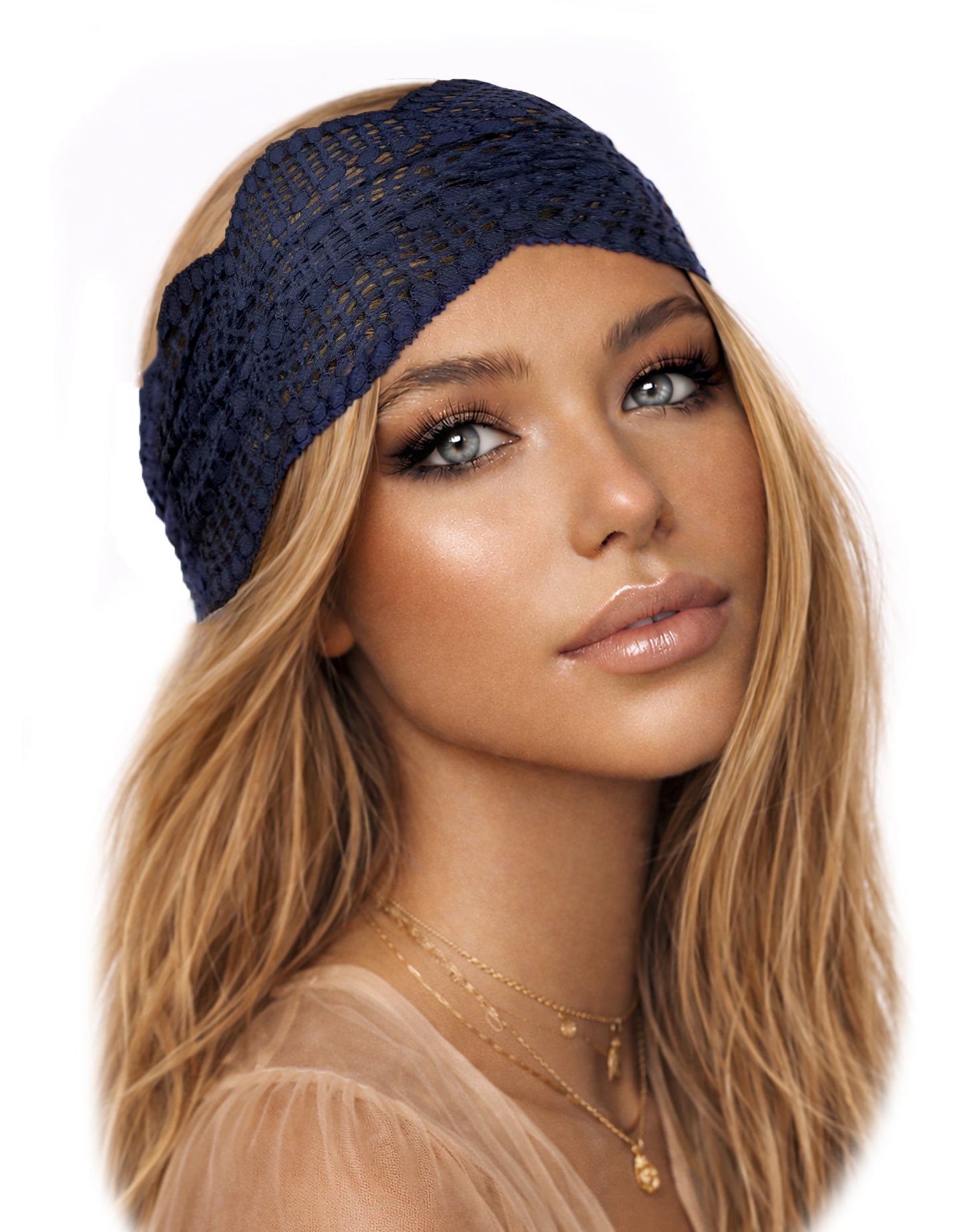 Navy blue lace headband scallop edge