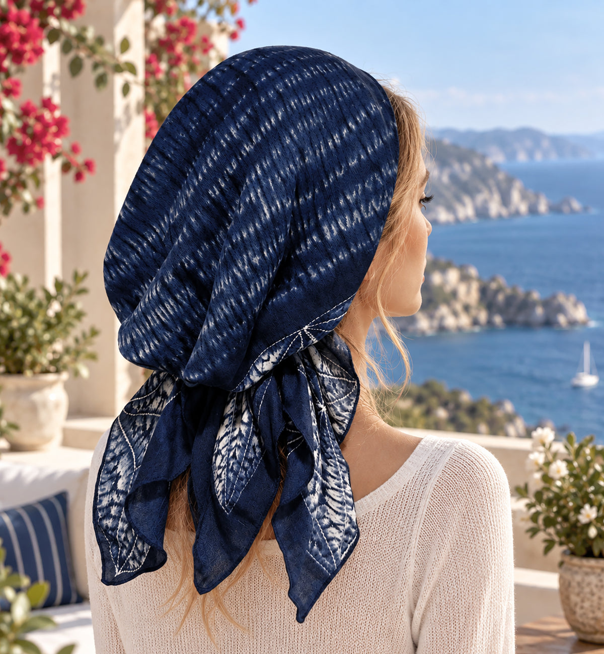 Navy Blue Tie-Dye Non-Slip Pre-Tied Headscarf