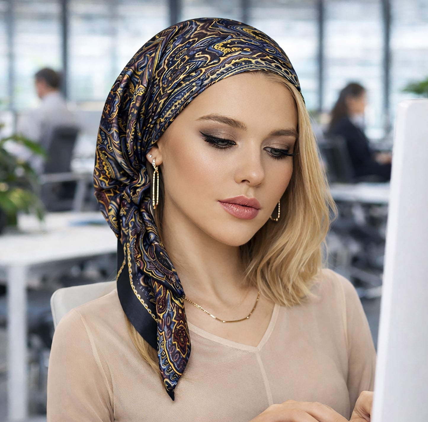 Navy paisley non slip headscarf gold sparkles