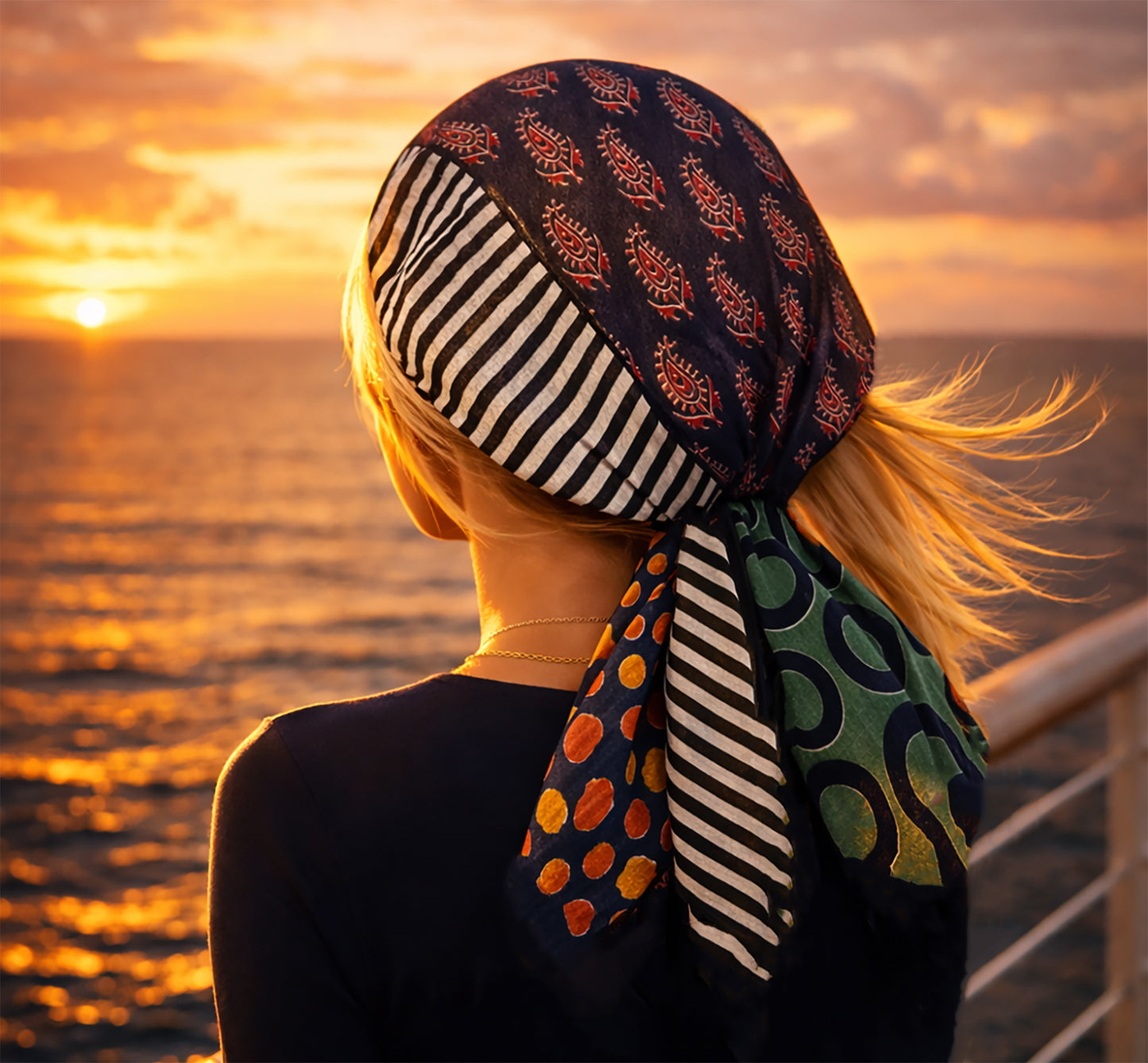 Navy Blue Non-Slip Paisley Green Headscarf