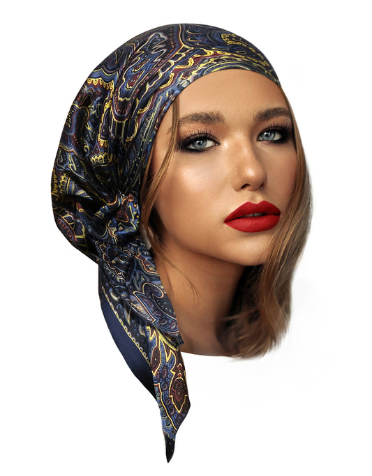Navy paisley non slip headscarf gold sparkles