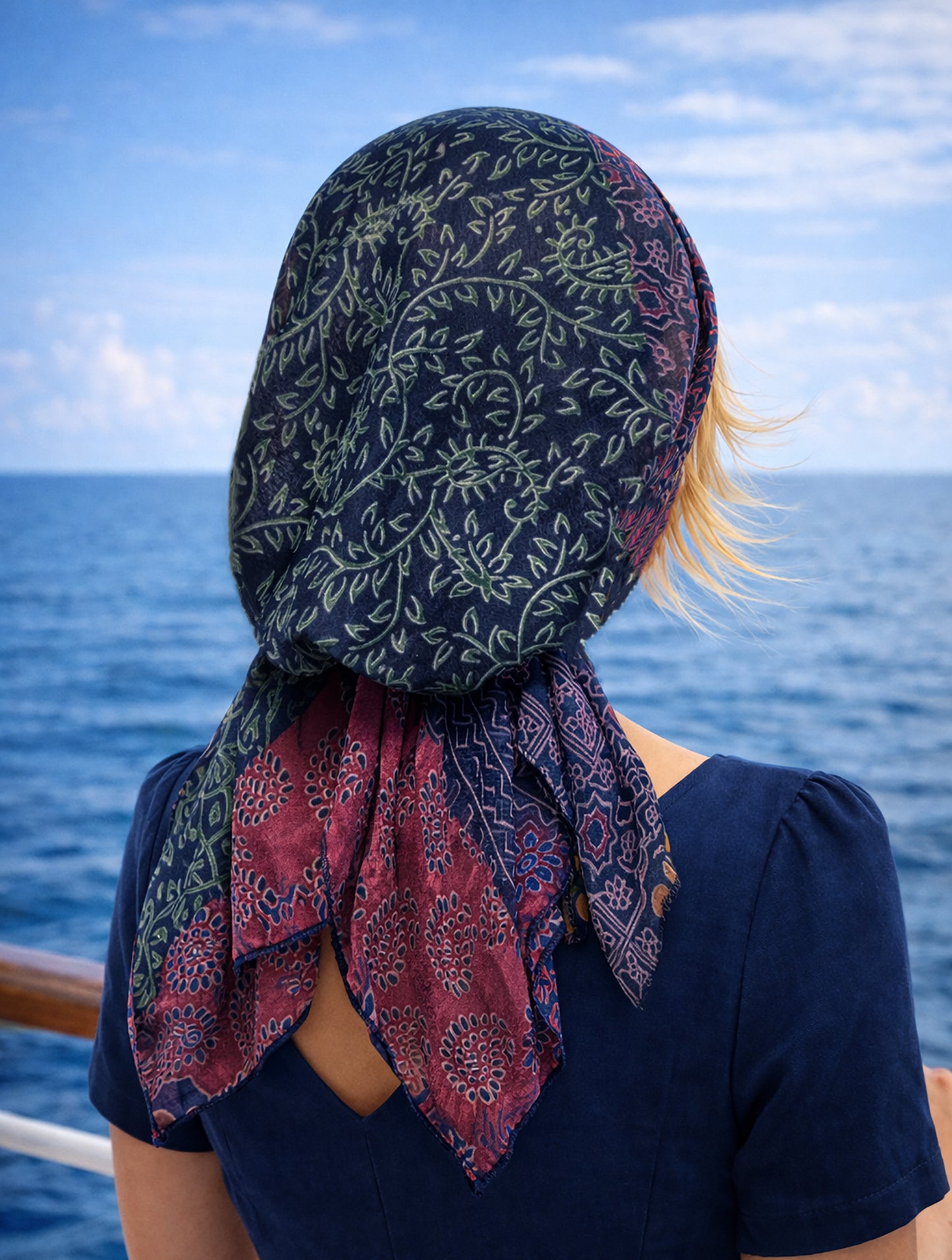 Navy Blue Pink Non-Slip Paisley Headscarf