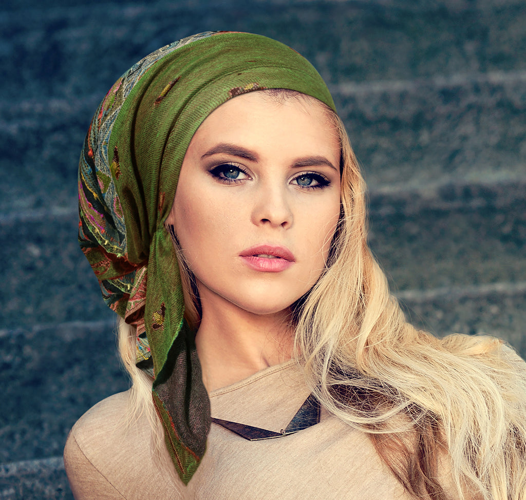 Olive green cashmere headscarf