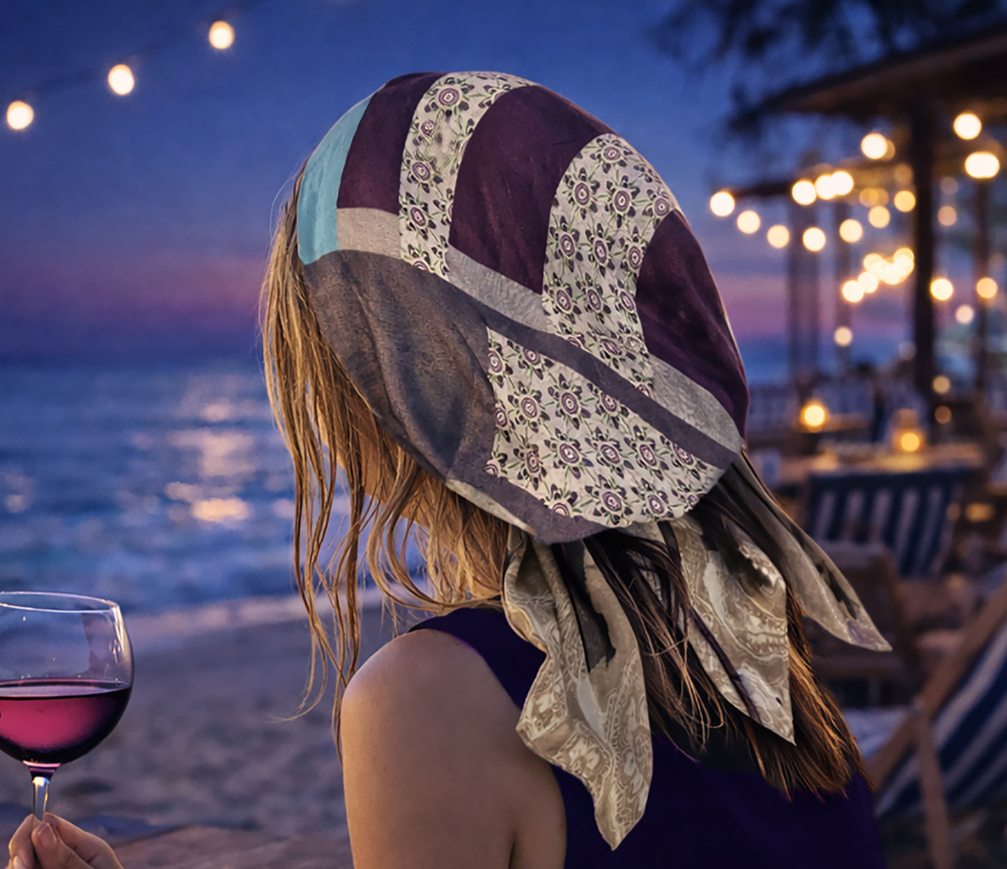 Summer non slip purple taupe stripe headscarf