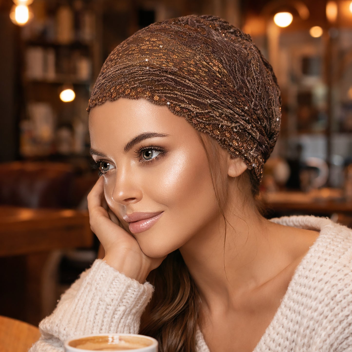 Taupe gold sparkles lace headband