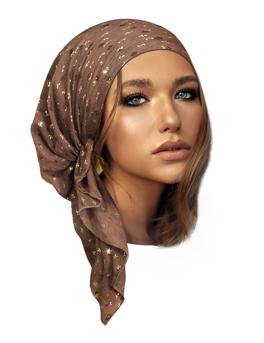 Taupe gold floral headscarf sparkles