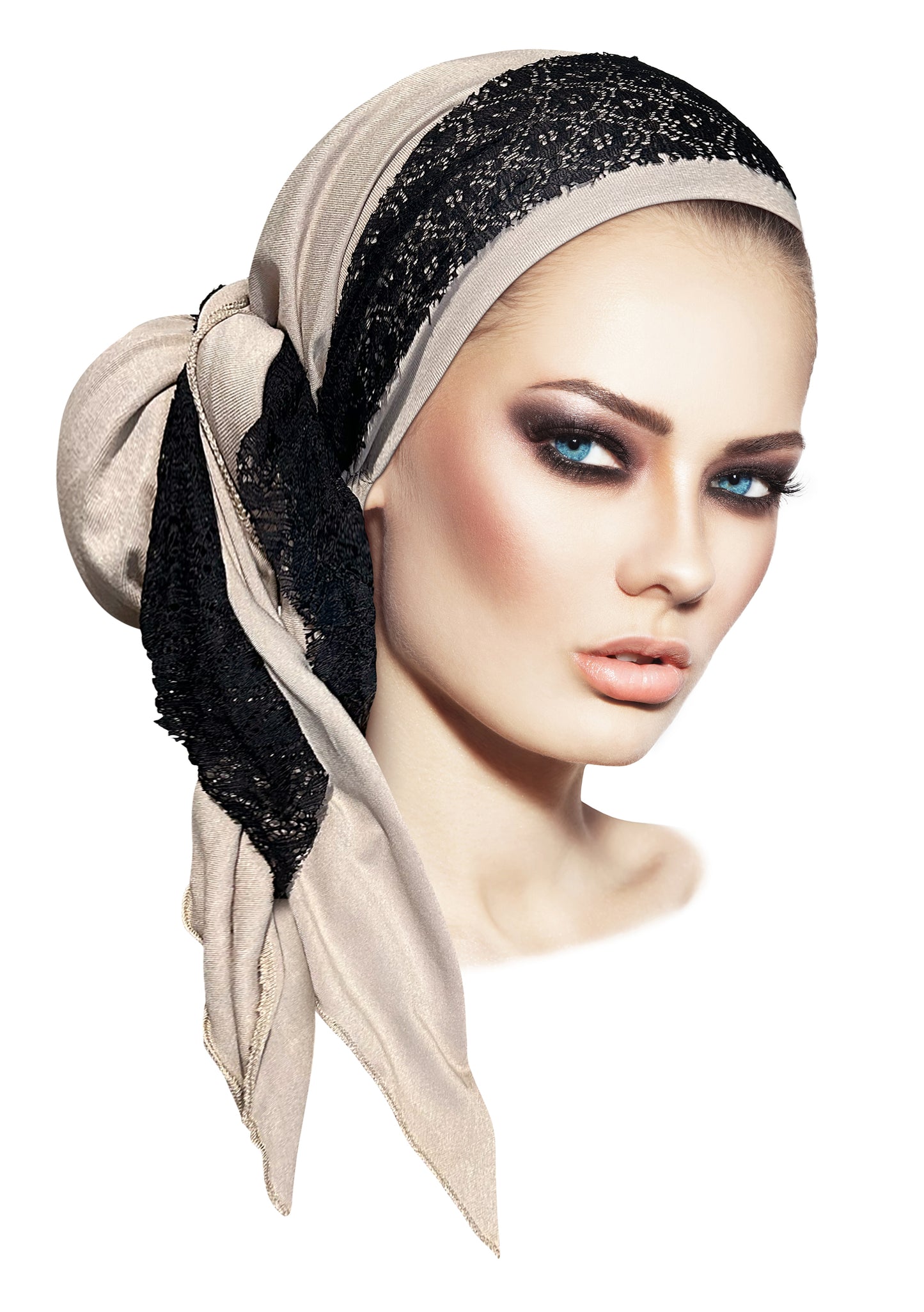 Taupe Headscarf Black Lace Wrap