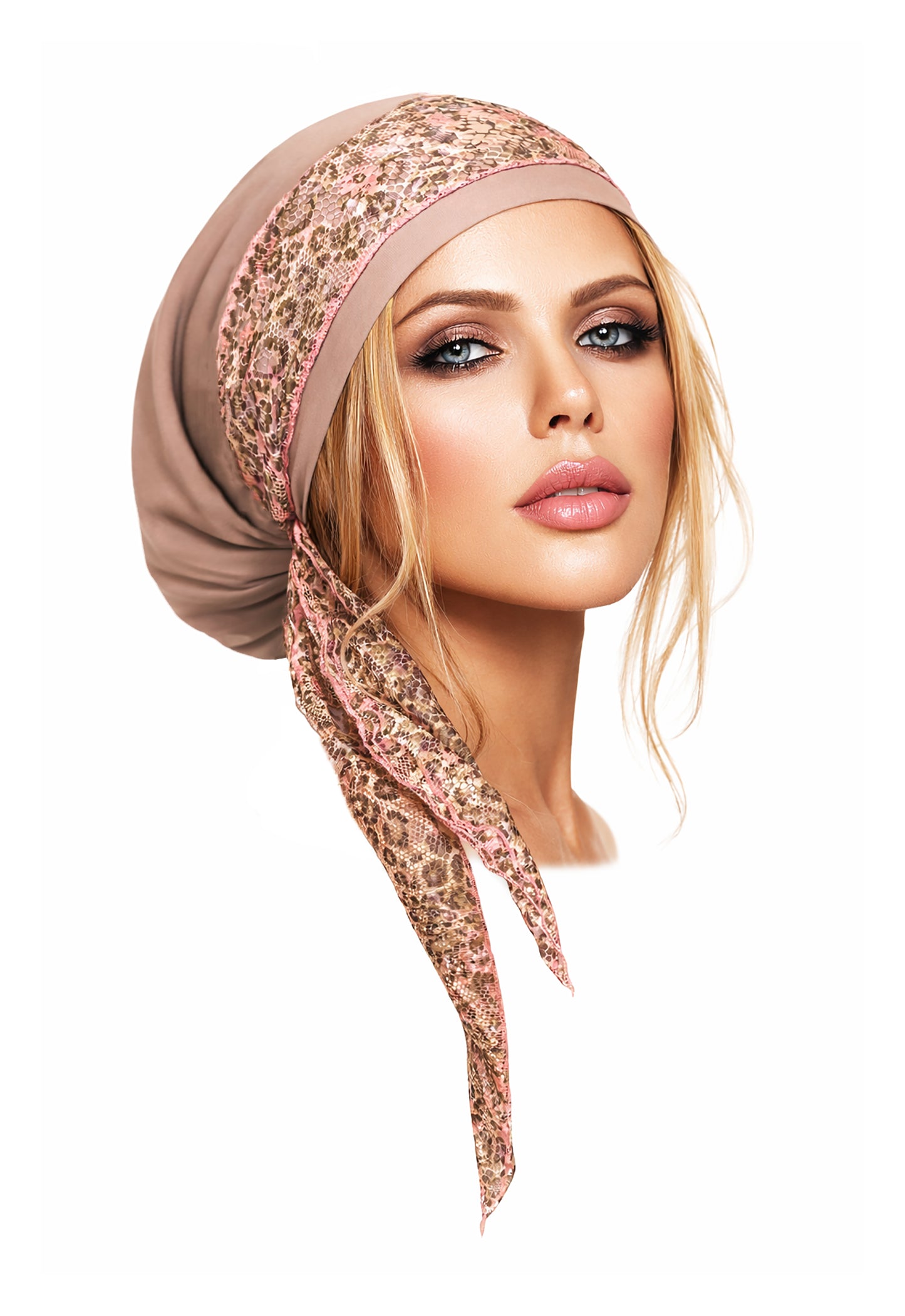 Beige headscarf w/pink floral lace wrap