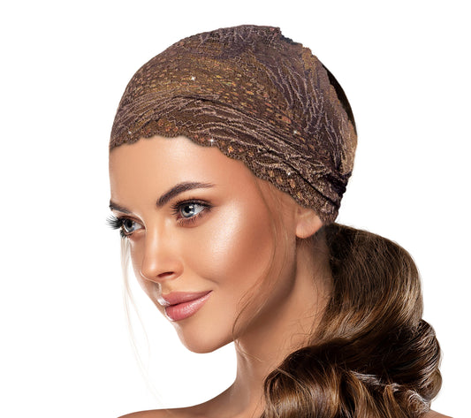 Taupe gold sparkles lace headband