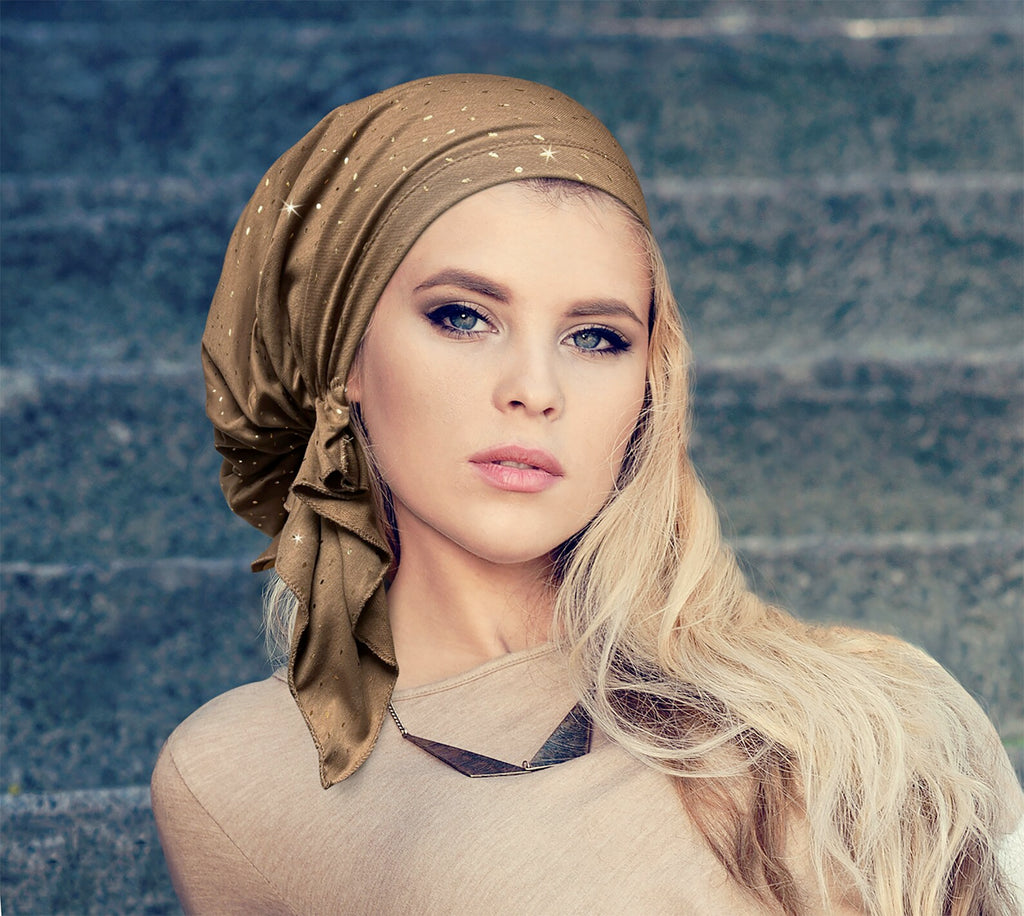 Taupe gold pre-tied headscarf sparkles