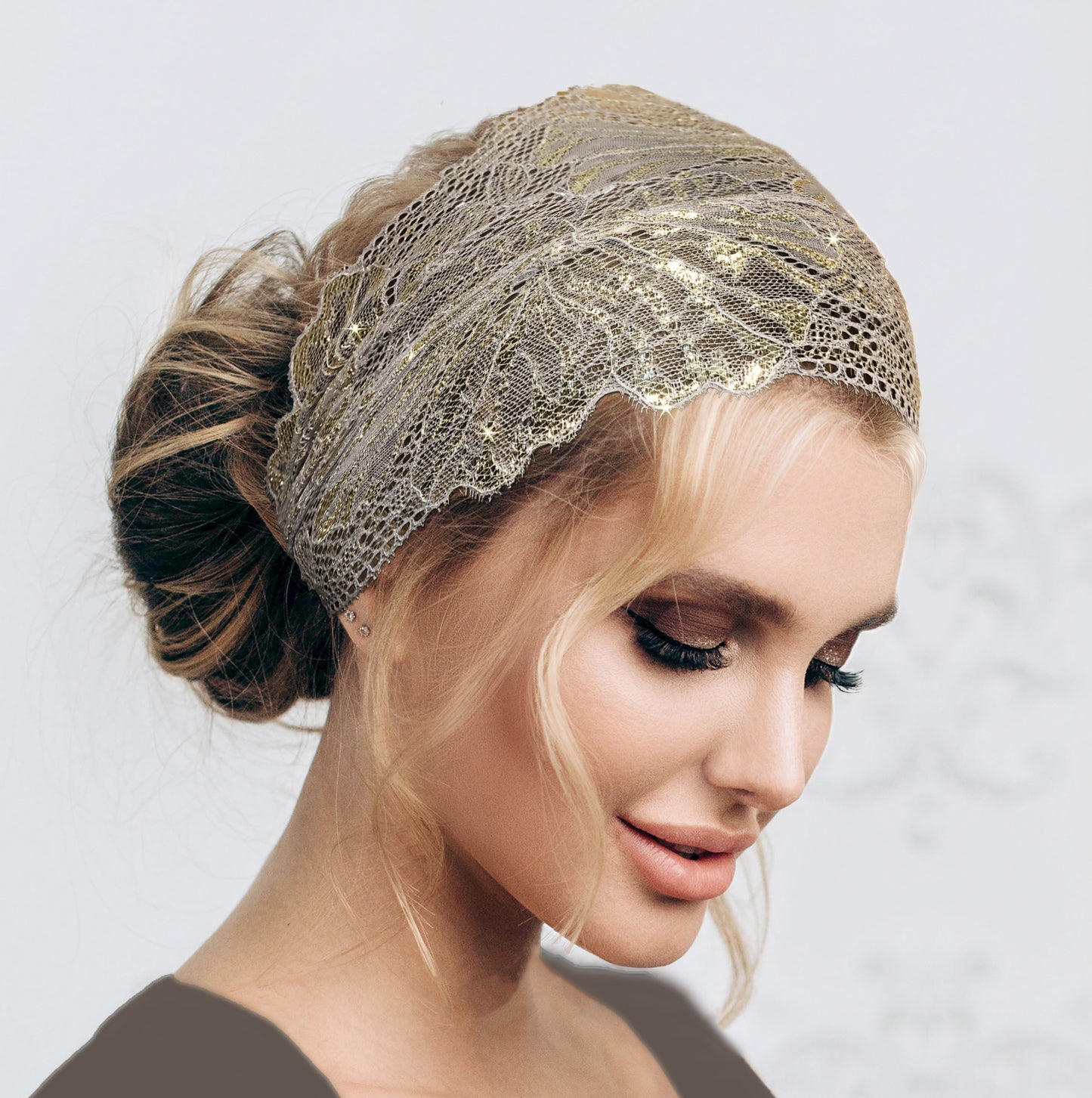 Taupe gold sparkly floral lace headband
