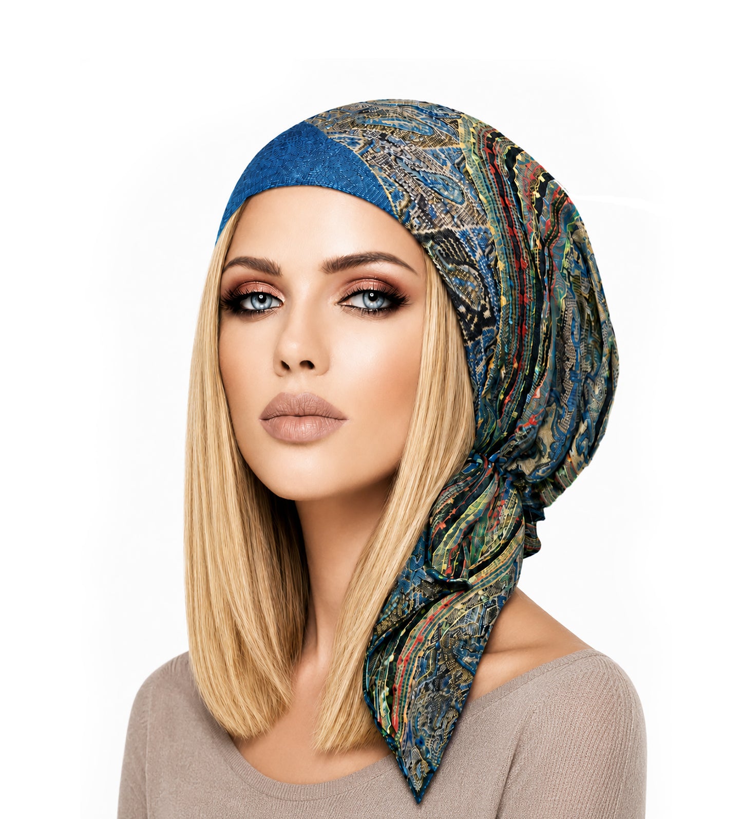 Teal non slip cashmere pre tied headscarf
