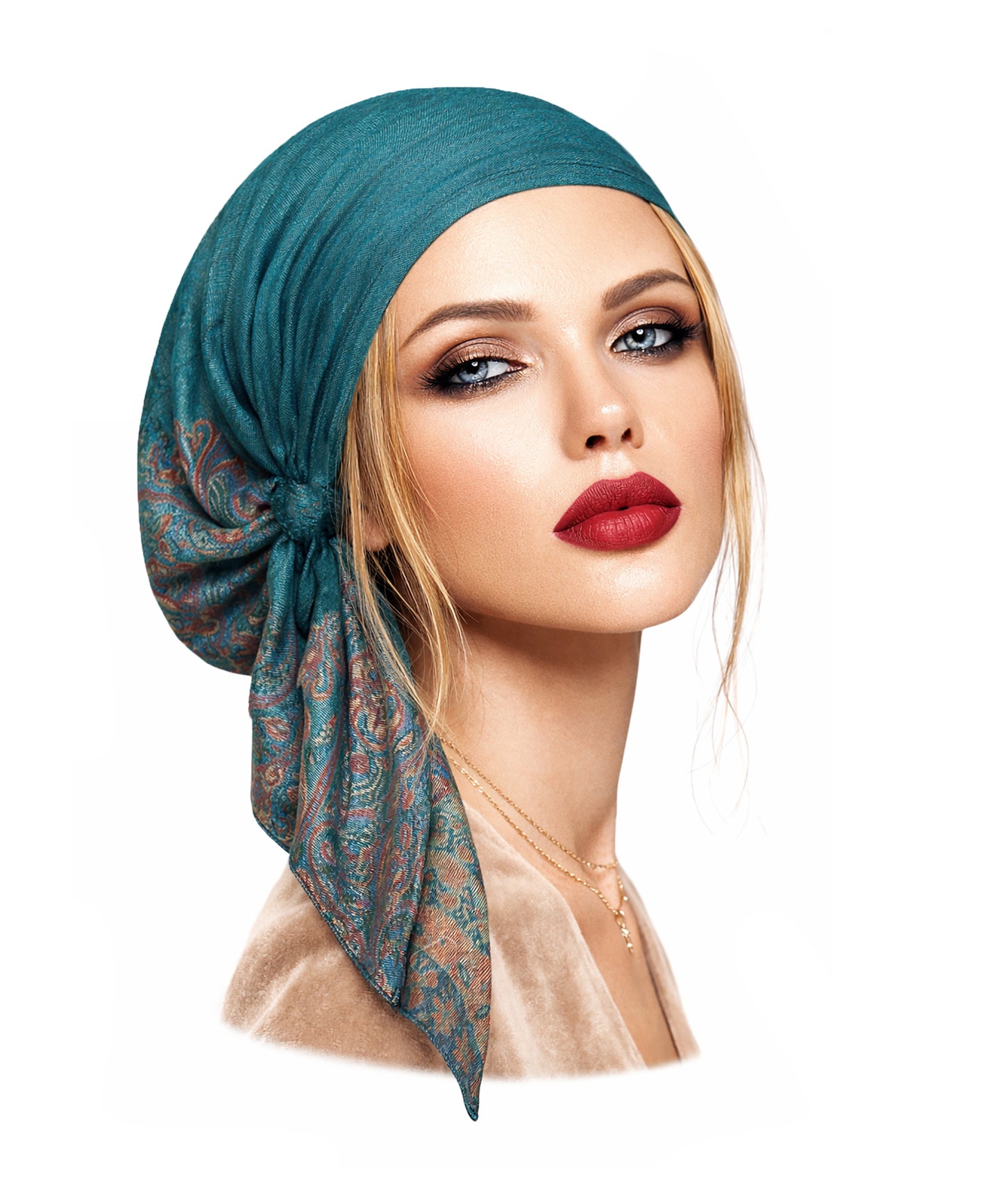Teal red soft cashmere headscarf