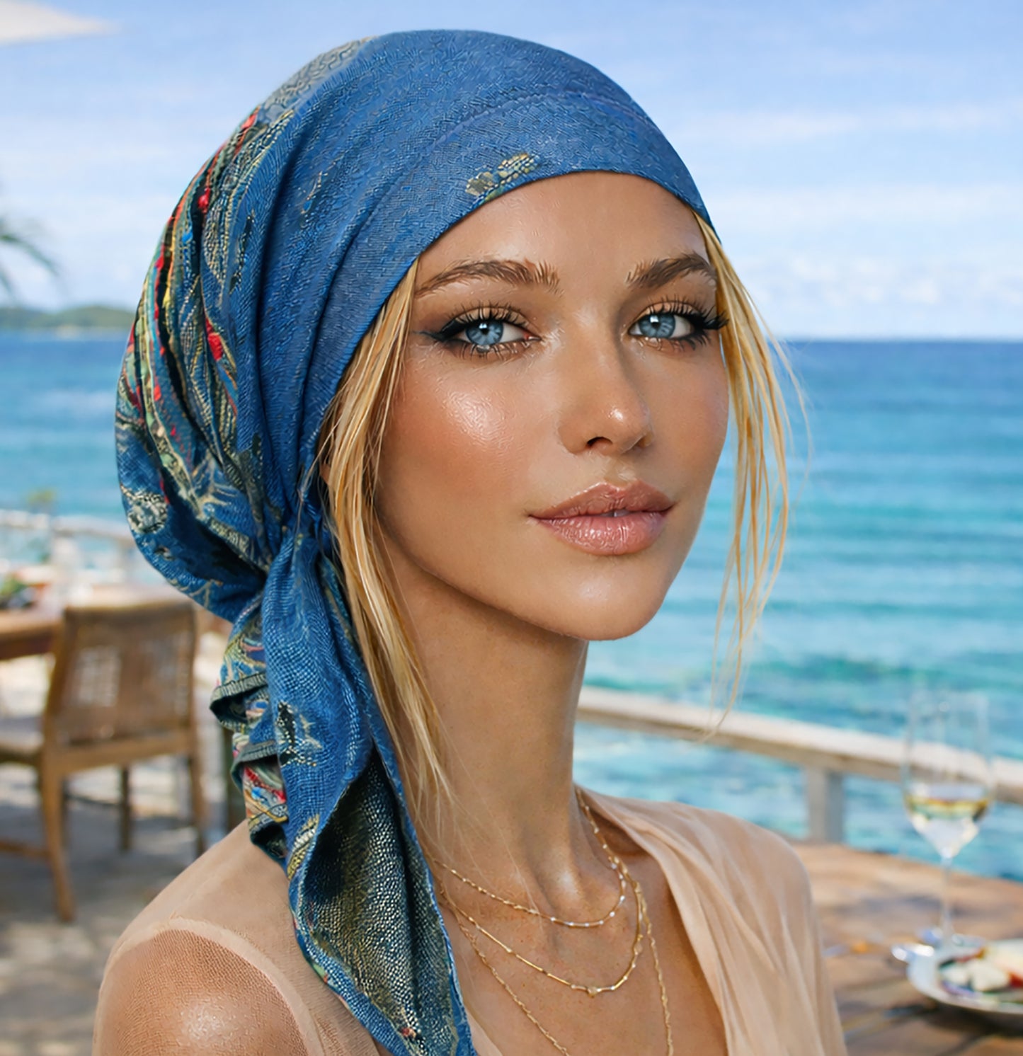 Teal non slip cashmere pre tied headscarf