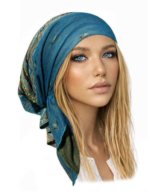 Teal cashmere pre tied headscarf