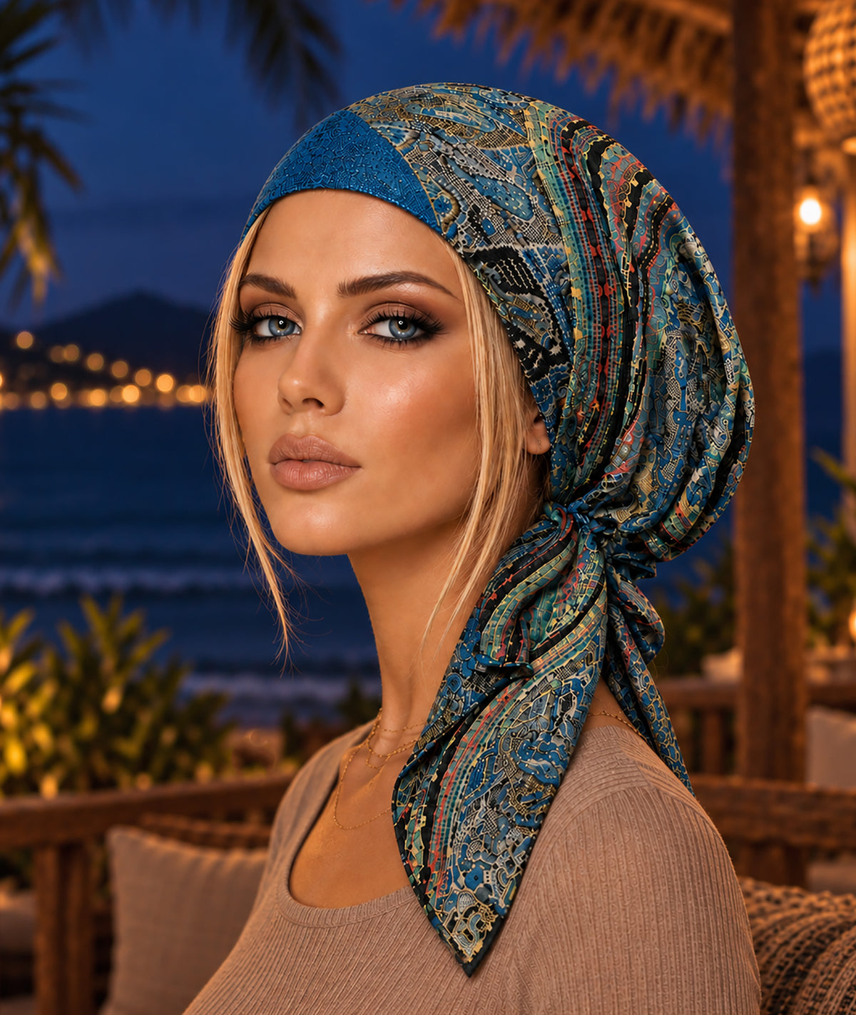 Teal Turquoise Headscarf Soft Knit Non-Slip Pre Tied