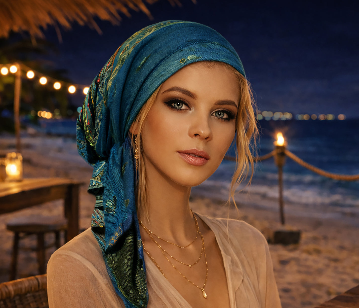 Teal non slip cashmere pre tied headscarf